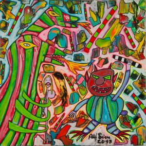 Der dadaistische Teufel attackiert mit seiner Zebrasalami den zweiköpfigen, rot-grünen Drachen, um das gefesselte Kunstmädchen aus seinen Fängen zu befreien